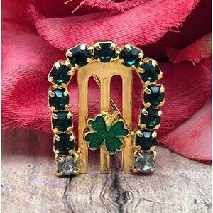 Gold Tone Lucky Tiny Horseshoe Clover Brooch Lapel Pin Green Rhinestones Enamel